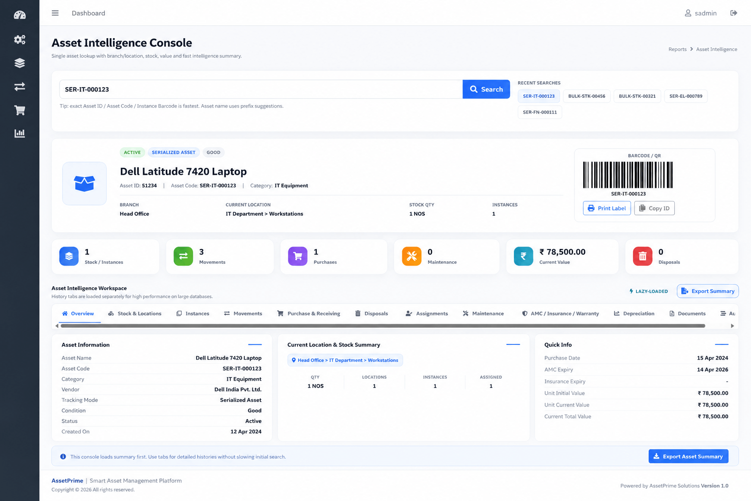 Asset Intelligence Console screenshot in AssetPrime